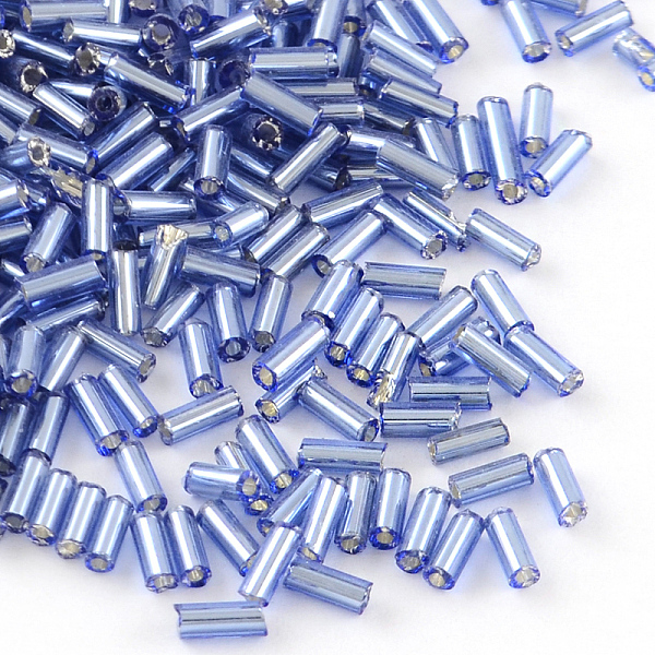 

PandaHall Tube Glass Bugle Beads, Silver Lined, Royal Blue, 4~4.5x2mm, Hole: 1mm, about 450g/bag, 14000pcs/bag Glass