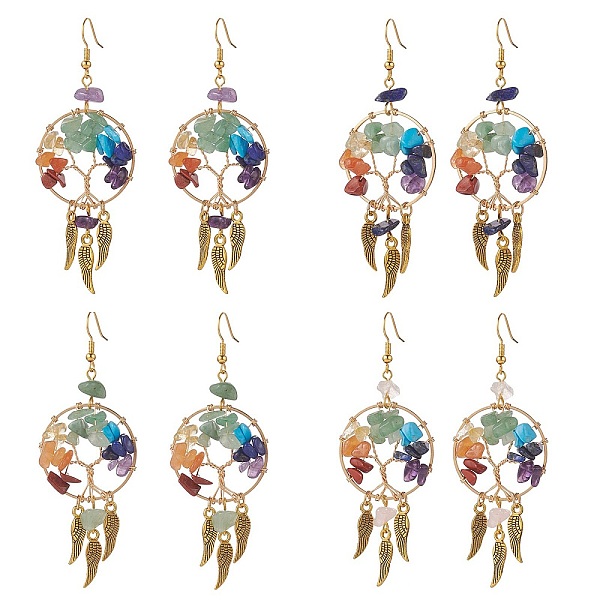 

PandaHall Gemstone Chips Beaded Tree of Life Chandelier Earrings, Golden Brass Web with Feather Long Drop Earrings for Women, 84mm, Pin..., Multicolor