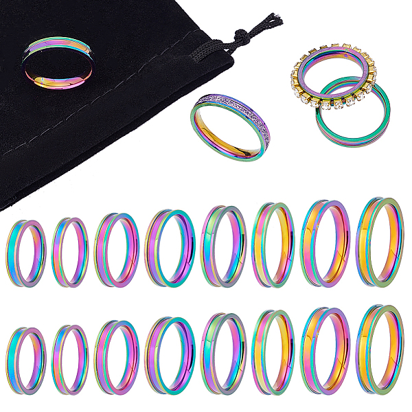 

PandaHall UNICRAFTALE 16pcs 8 Size Rainbow Blank Core Ring Size 5-14 Stainless Steel Grooved Ring with Velvet Pouches Round Empty Ring for...