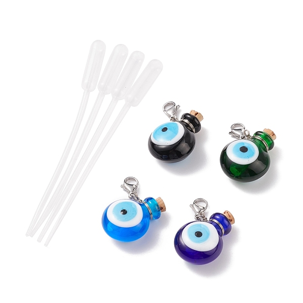 PandaHall Handmade Lampwork Evil Eye Perfume Bottle Pendant Decorations, Lobster Clasp Charms, with Plastic Transfer Pipettes, Mixed Color...