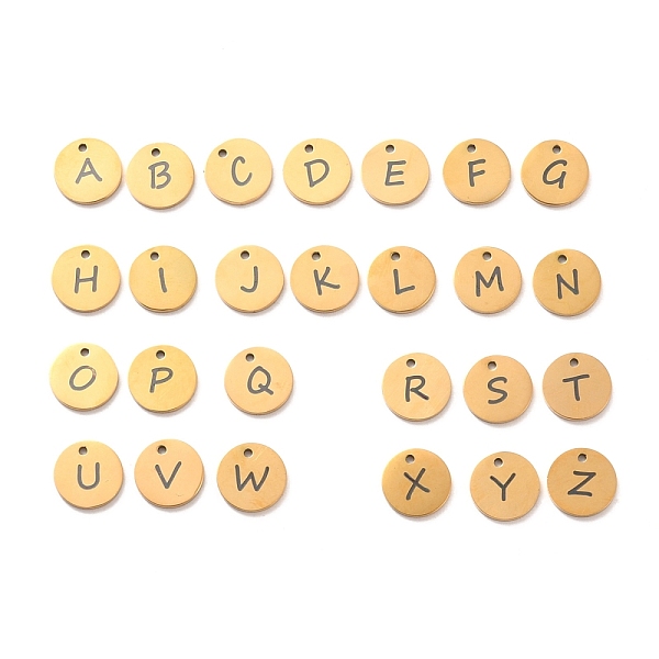 

PandaHall Vacuum Plating 304 Stainless Steel Charms, Laser Cut, Flat Round with Black Letter, Golden, Letter A~Z, 10x1mm, Hole: 1.2mm...