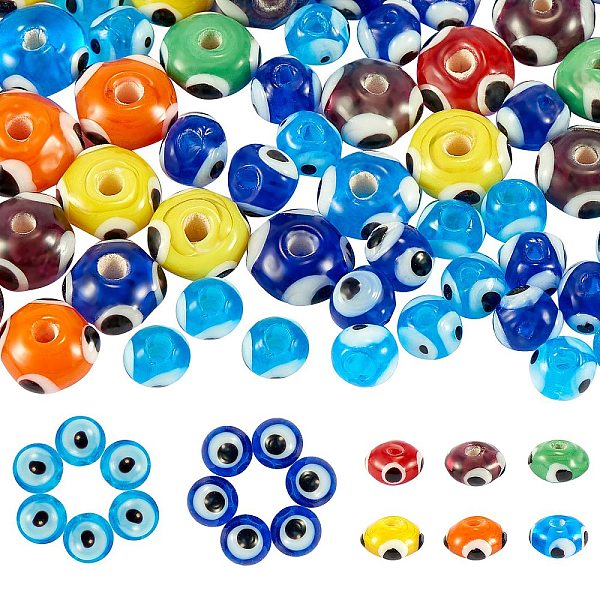 

PandaHall 110Pcs Lampwork Beads, Rondelle & Round with Evil Eye, Mixed Color, 9~11x5~6mm, hole: 2mm Lampwork Evil Eye Multicolor
