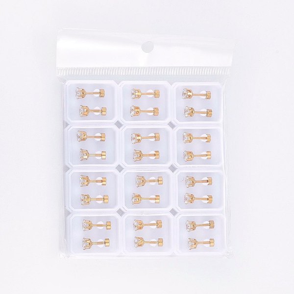 

PandaHall 304 Stainless Steel Earlobe Plugs, Screw Back Earrings, with Glass Rhinestone, Crystal, Golden, 4mm, Pin: 1mm, 12pairs/bag..., Clear