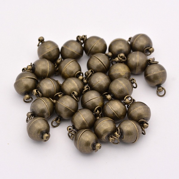 

PandaHall Brass Magnetic Clasps with Loops, Nickel Free, Round, Antique Bronze, 17.5~19x12mm, Hole: 3mm Brass