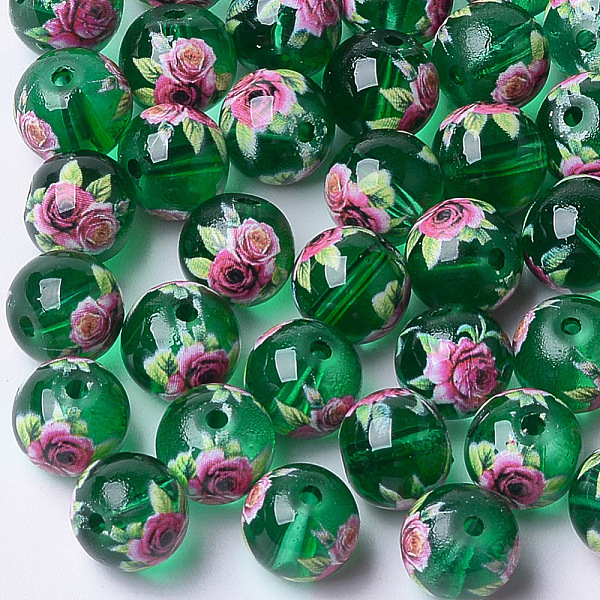 

PandaHall Printed & Spray Painted Transparent Glass Beads, Round with Flower Pattern, Green, 8~8.5x7.5mm, Hole: 1.4mm Glass Flower Green