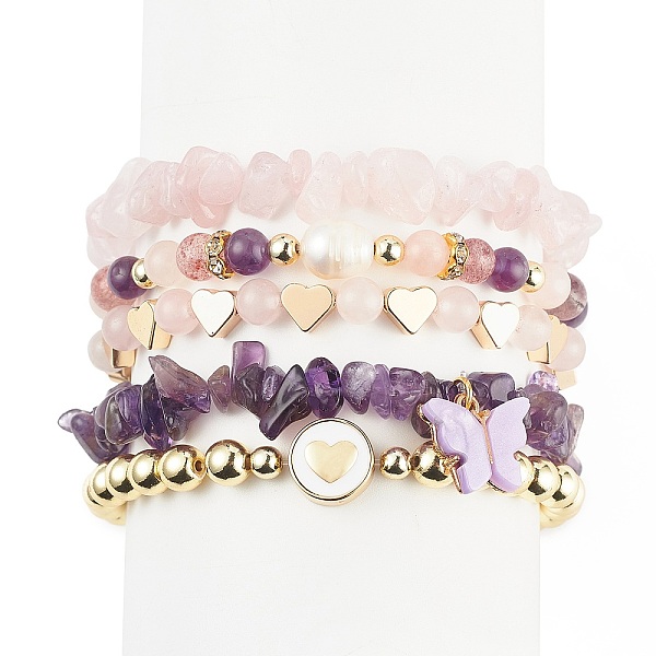 

PandaHall 5Pcs 5 Style Natural Mixed Gemstone Chips & Natural Pearl & Brass Heart Beaded Stretch Bracelets Set, Alloy Butterfly Charms...