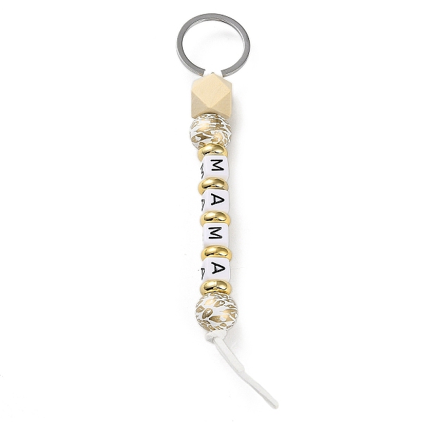 

PandaHall Wood and Plastic Beads Keychain Decorationes, with Silicone Beads and Metal Rings, MAMA Word, White, 145mm Wood White