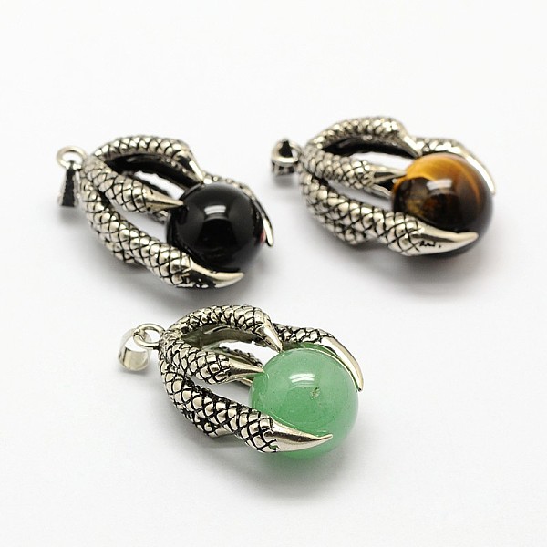 

PandaHall Vintage Natural Bezel Mixed Gemstone Pendants, with Antique Silver Plated Alloy Findings, Animal Claw with Round Beads, 37x25x16mm..., Multicolor