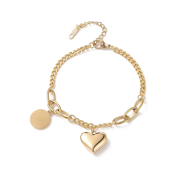 

PandaHall Heart & Flat Round Stainless Steel Charm Bracelet for Women, Golden, 7-1/8 inch(18cm) 304 Stainless Steel