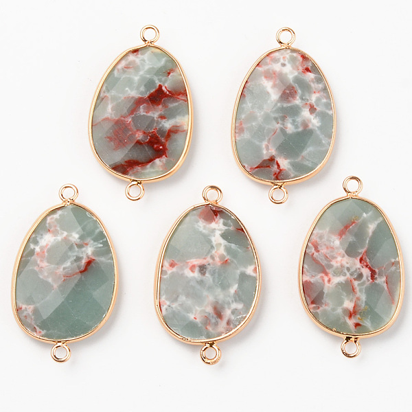 

PandaHall Natural Dyed Regalite/Imperial Jasper/Sea Sediment Jasper Links, with Light Gold Plated Edge Brass Loops, Faceted, Oval, Aqua..., Cyan