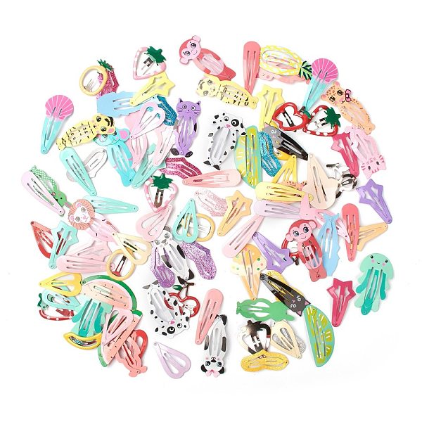 

PandaHall Baking Painted Iron Snap Hair Clips, for Children's Day, Animal & Mixed Shape, Mixed Color, 35~54x14~30x1.5~1.6mm, 100pcs/bag Iron..., Multicolor