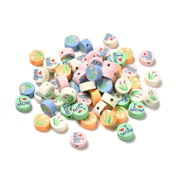 

PandaHall Mother's Day Handmade Polymer Clay Beads, Flat Round with Word and Flower Pattern, Mixed Color, 9~9.5x4~5mm, Hole: 1.6~1.8mm..., Multicolor