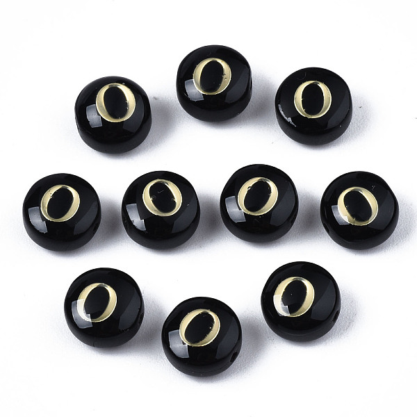 

PandaHall Handmade Lampwork Beads, with Golden Plated Brass Etched Metal Embellishments, Flat Round with Alphabet, Letter.O, 8x5mm, Hole..., Black