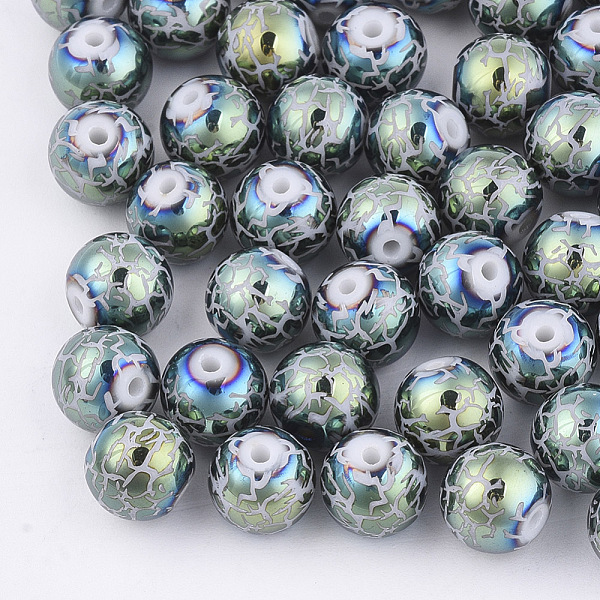 

PandaHall Electroplate Glass Beads, Round with Pattern, Yellow Green, 8~8.5mm, Hole: 1.5mm Glass Others Green