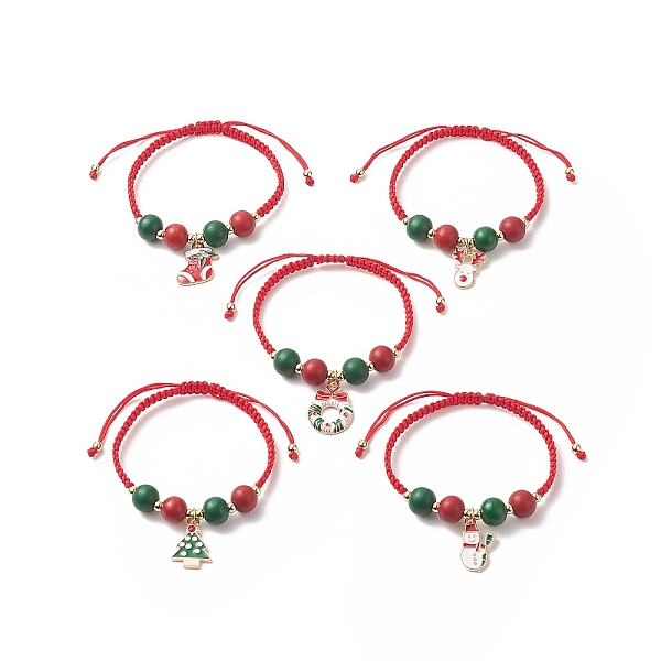 

PandaHall Christmas Themed Alloy Enamel Charm Bracelet, Wood Round Braided Adjustable Bracelet for Women, Mixed Shape, Mixed Color, Inner..., Multicolor