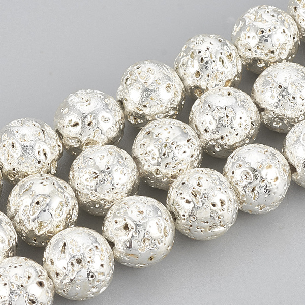 

PandaHall Electroplated Natural Lava Rock Beads Strands, Round, Bumpy, Silver Plated, 6~7mm, Hole: 1mm, about 61pcs/strand, 15.7 inch Lava...