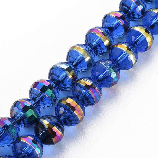 

PandaHall Electroplate Transparent Glass Beads Strands, Rainbow Color Plated, Faceted, Round, Blue, 10x9.5mm, Hole: 1.4mm, about...