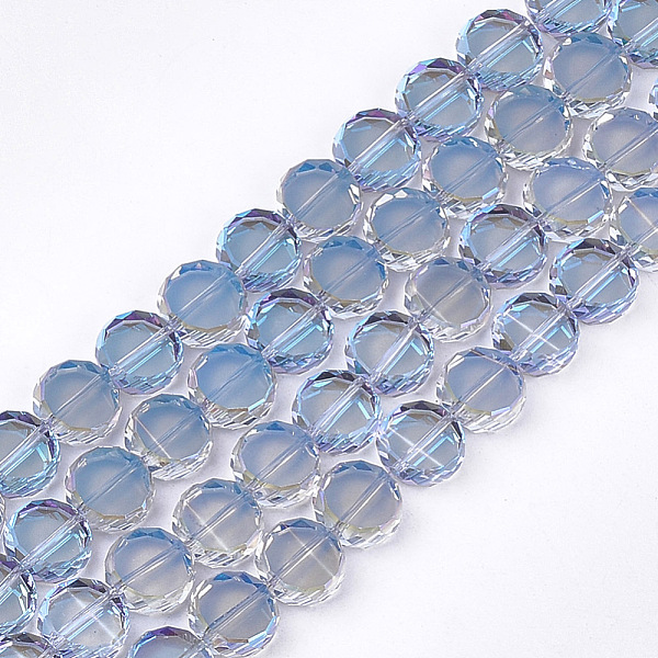 

PandaHall Electroplate Glass Beads Strands, Half Plated, Faceted, Flat Round, Light Steel Blue, 8~8.5x3.5mm, Hole: 1mm, about 80pcs/strand...