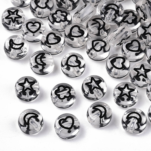 

PandaHall Transparent Acrylic Beads, Flat Round, Moon & Heart Flower & Star, Black, 7x4mm, Hole: 1.5mm Acrylic Flat Round Black