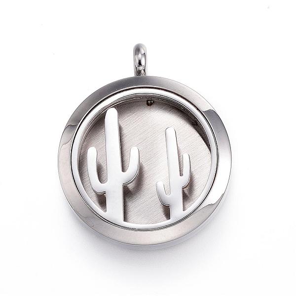 PandaHall 304 Stainless Steel Diffuser Locket Pendants, with Perfume Pad and Magnetic Clasps, Flat Round with Cactus, Black...