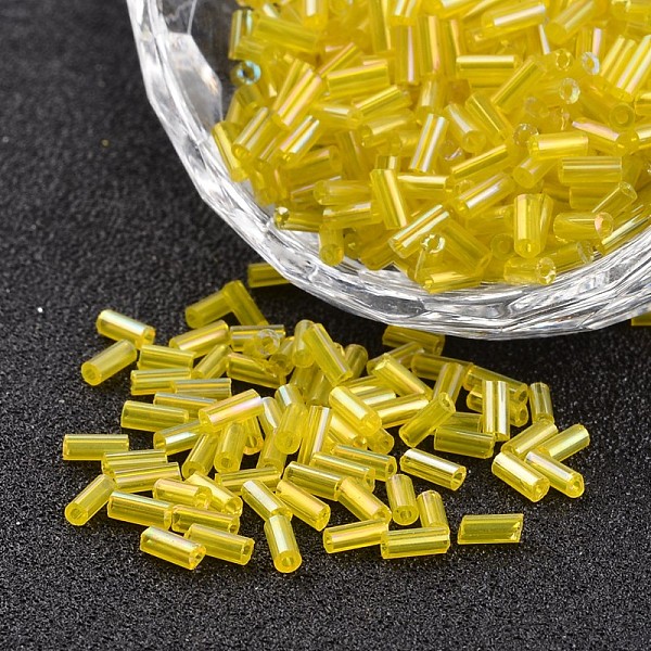 

PandaHall Tube Transparent Colours Rainbow Plated Glass Bugle Beads, Yellow, 3~5x1.8~2mm, Hole: 0.8mm, about 1200pcs/50g Glass Yellow