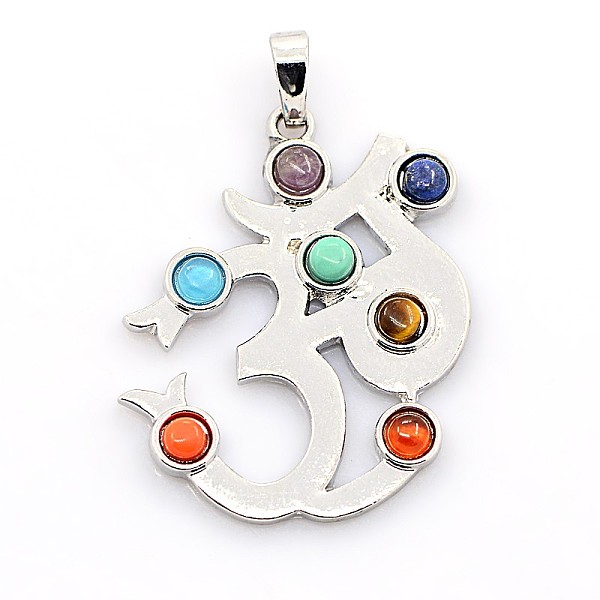 

PandaHall Vintage Chakra Jewelry Gemstone Pendants, with Alloy Findings, Om Symbol, Platinum, 40x33x4mm, Hole: 5x8mm Mixed Stone Sahasrara