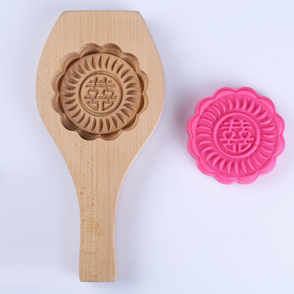 PandaHall Wooden Press Mooncake Mold, Chinese Character Xi, Pastry Mould, Cake Mold Baking, Blanched Almond, 216x103x23mm Wood Rectangle