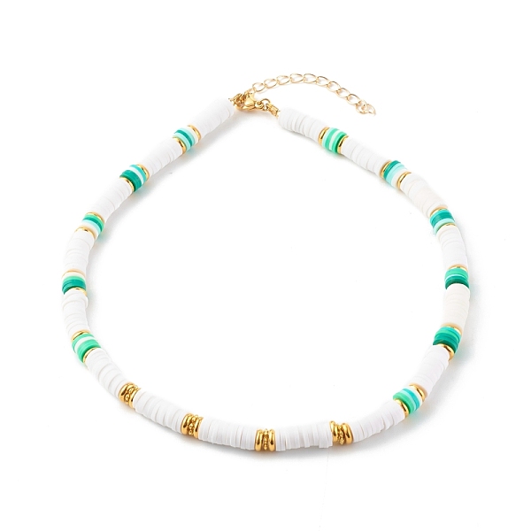 

PandaHall Polymer Clay Heishi Beaded Necklaces, with Brass Beads and 304 Stainless Steel Lobster Claw Clasps, Golden, Spring Green, 15.75...
