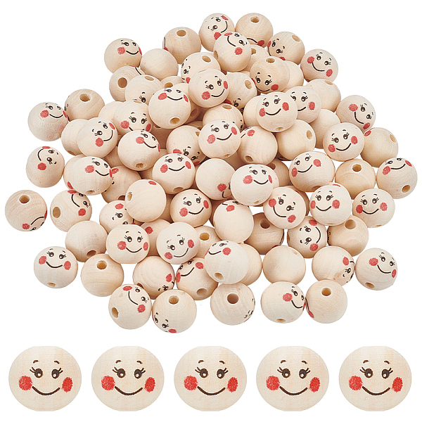 

PandaHall PH 100pcs Painted Wooden Beads 20mm Smile Face Wood Beads, Round Spacer Beads Wooden Loose Beads Large Hole European Beads for..., Orange