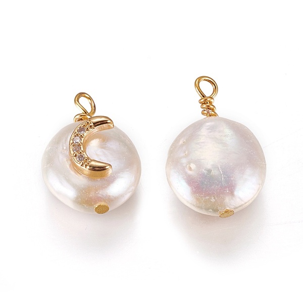 

PandaHall Natural Cultured Freshwater Pearl Pendants, with Cubic Zirconia and Brass Findings, Flat Round with Moon, Golden, Mixed Color..., Multicolor