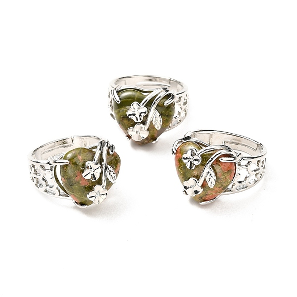 

PandaHall Natural Unakite Adjustable Rings, Platinum Tone Heart with Flower Brass Rings for Women, Cadmium Free & Lead Free, US Size 6 3/4...