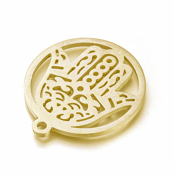

PandaHall Ion Plating(IP) 304 Stainless Steel Pendants, Manual Polishing, Flat Round with Hamsa Hand/Hand of Fatima/Hand of Miriam, Golden...