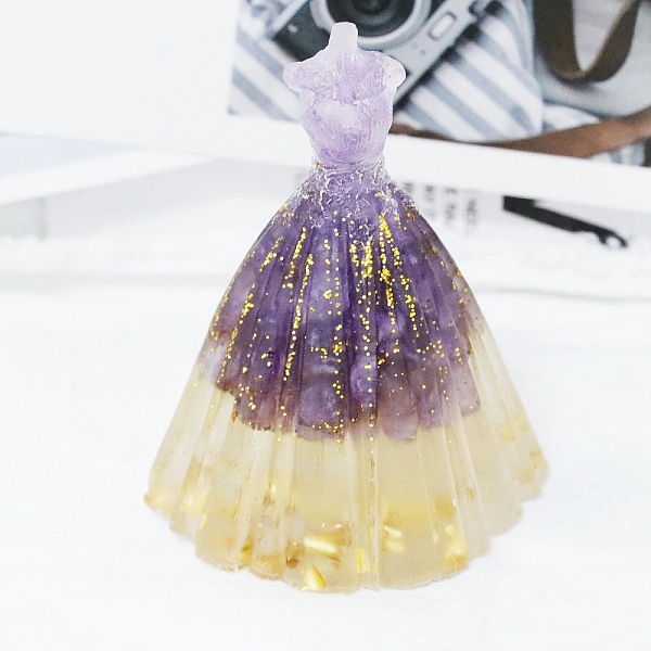 PandaHall Natural Amethyst Chip & Resin Craft Display Decorations, Glittered Wedding Dress Figurine, for Home Feng Shui Ornament, 56x83mm...