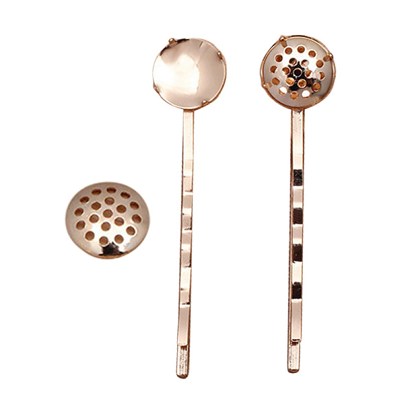 Iron Hair Bobby Pin Findings, with Flat Round Brass Cabochon Settings, Light Gold, 55x2mm, Flat Round: 12mm