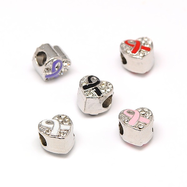 

PandaHall Platinum Plated Alloy Rhinestone European Beads, Large Hole Heart Beads with Enamel Breast Cancer Awareness Ribbon, Mixed Color..., Multicolor