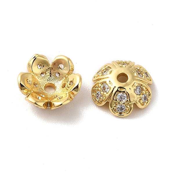 

PandaHall Brass Micro Pave Cubic Zirconia Bead Cap, 6-Petal Flower, Real 18K Gold Plated, 8x3mm, Hole: 1.2mm Brass+Cubic Zirconia
