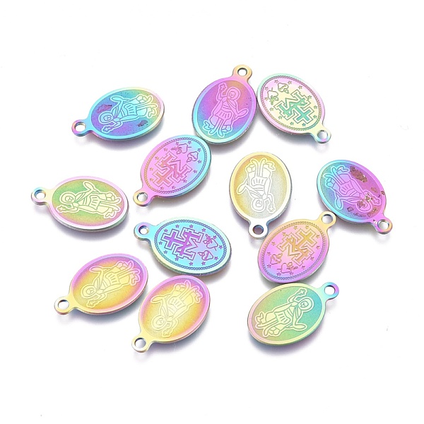 

PandaHall Ion Plating(IP) 304 Stainless Steel Charms, Laser Cut, Oval with Saint, Rainbow Color, 14.5x10x0.6mm, Hole: 1.4mm 304 Stainless...