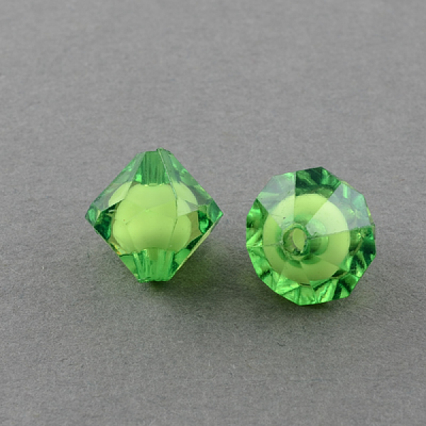 

PandaHall Transparent Acrylic Beads, Bead in Bead, Bicone, Green, 8x8x8mm, Hole: 2mm, about 2300pcs/500g Acrylic Bicone Green