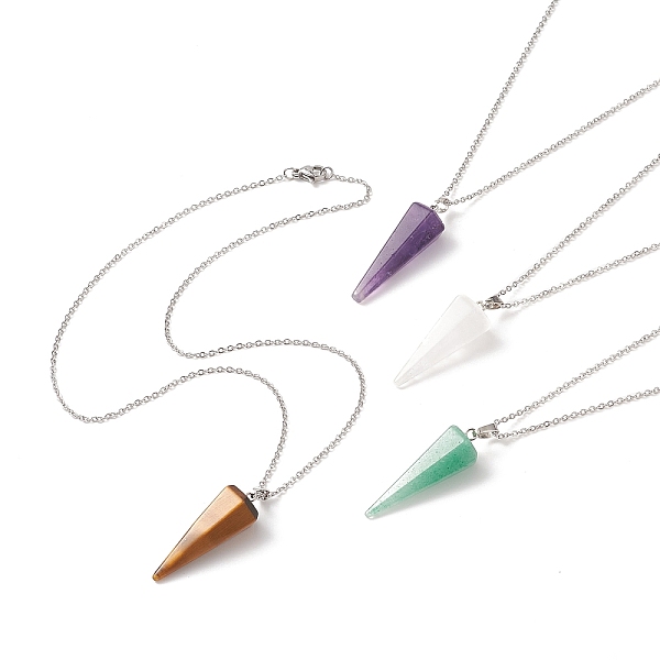 

PandaHall Gemstone Cone Pendant Necklace, 304 Stainless Steel for Men Women, 17.56 inch(44.6cm) Mixed Stone
