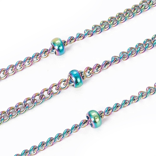 

PandaHall Ion Plating(IP) 304 Stainless Steel Curb Chains, Satellite Chains, with Spool and Beads, Soldered, Rainbow Color, 2.5x1.5x1mm...