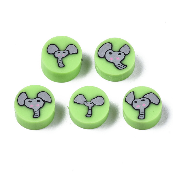 PandaHall Handmade Polymer Clay Beads, for DIY Jewelry Crafts Supplies, Flat Round with Elephant, Light Green, 9~9.5x3.5~5mm, Hole: 1.6mm...