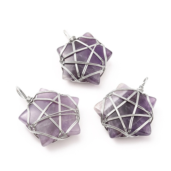 

PandaHall Natural Amethyst Pendants, with Platinum Tone Copper Wire Wrapped, Cadmium Free & Lead Free, Star, 37~41x29~31x9~11mm, Hole...