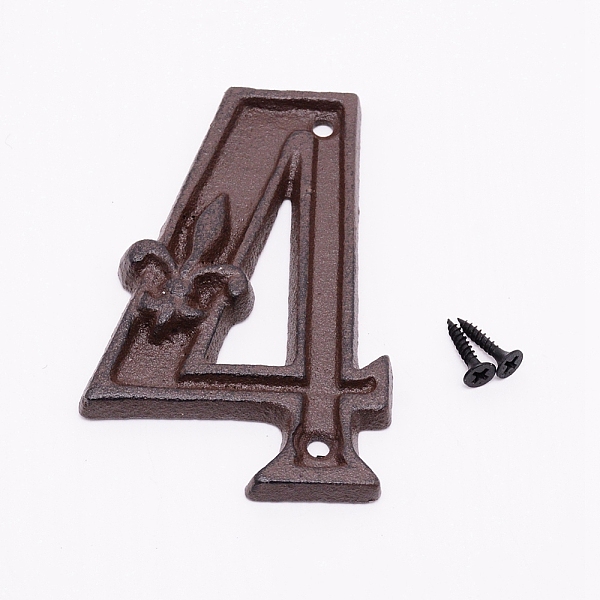 PandaHall Iron Home Address Number, with 2pcs Screw, Num.4, 112x70x10.5mm, Hole: 4.5mm Iron Number Brown
