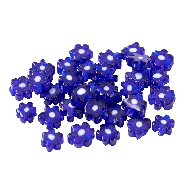 

PandaHall 30Pcs Handmade Millefiori Glass Beads, Plum Flower, Blue, 6.4x3.2mm, Hole: 1mm, 30Pcs/Bag Millefiori Lampwork Flower Blue