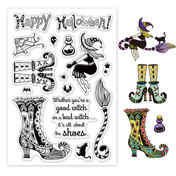 PandaHall BENECREAT Happy Halloween Transparent Silicone Stamps Seal, Witch, High Heels, Black Cat Pattern Silicone Stamps for Card Making...
