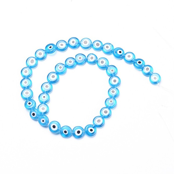

PandaHall Handmade Evil Eye Lampwork Beads Strands, Flat Round, Light Sky Blue, 10x3.5mm, Hole: 1.2mm, about 38pcs/strand, 14.17 inch(36cm)...