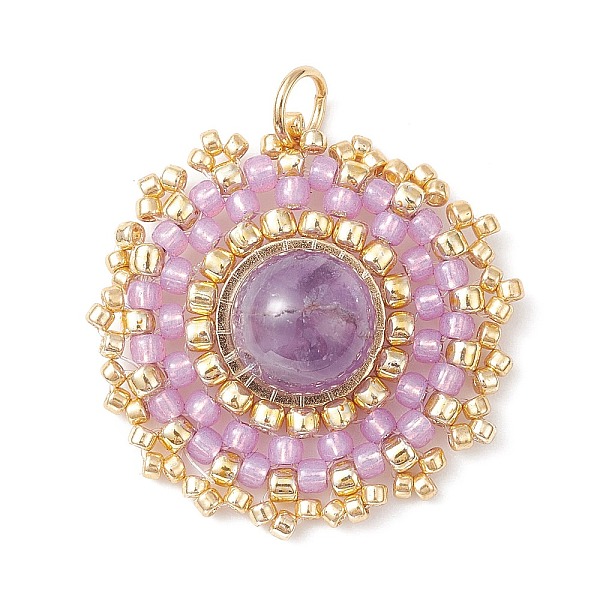 

PandaHall Natural Amethyst Flat Round Pendants, Woven Handmade Japanese Seed Bead Charms, 27.5~28x25~25.5x8.5mm, Hole: 3.5mm Amethyst Flat...