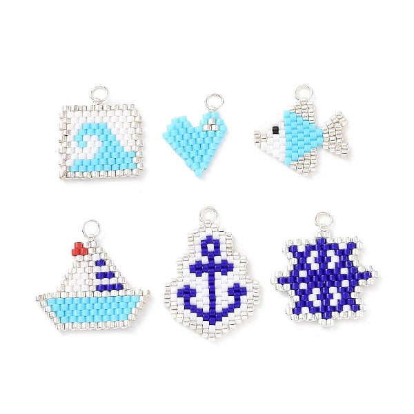 

PandaHall 6Pcs 6 Styles Ocean Theme Handmade Japanese Seed Pendants, Loom Pattern, with Stainless steel Ring, Sailboat & Helm & Fish, Mixed...