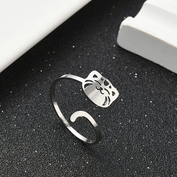 Bagues de manchette en acier inoxydable 304 pour femmes, creux, forme de chat, couleur inoxydable, diamètre intérieur: 19 mm