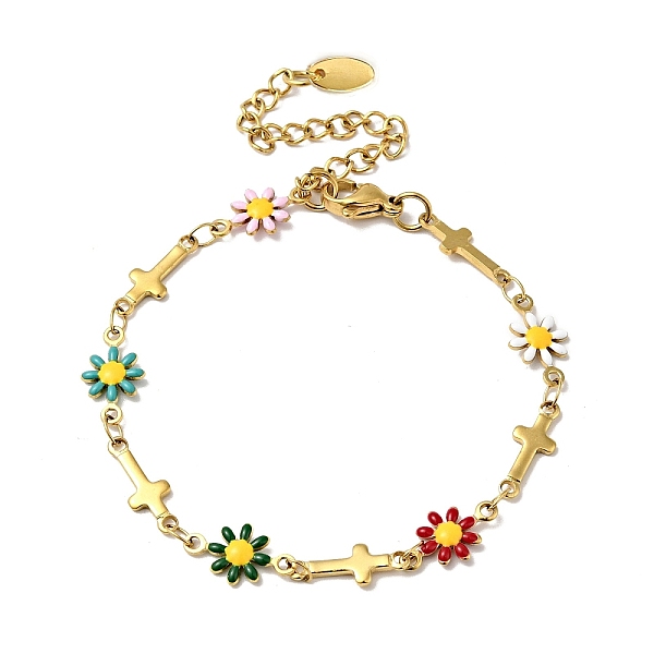 

PandaHall Enamel Flower & Cross Link Chain Bracelet, with Random Color Flower, Gold Plated 304 Stainless Steel Jewelry for Women, Colorful...